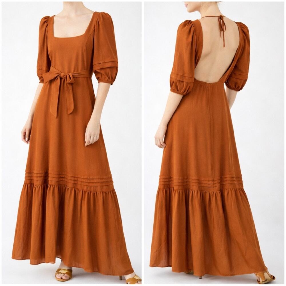 Jonathan Simkhai Vivian Maxi Dress Puff Sleeve Belted Backless Square Neck Rust